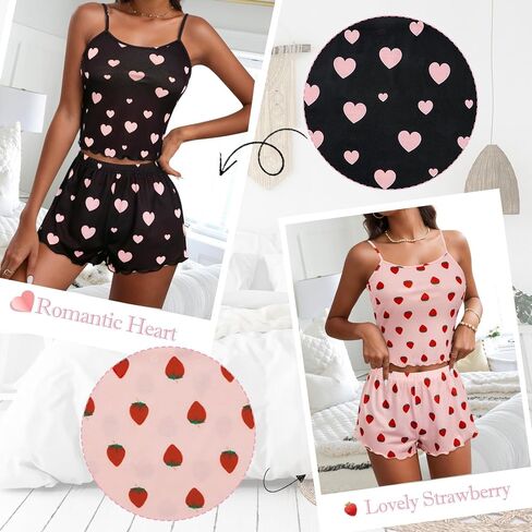 Zando Cute Pajama Sets for Women- 2 Piece Strawberry Print Summer Cami Top and Shorts Pj Set Sexy Pajamas in Saudi Arabia