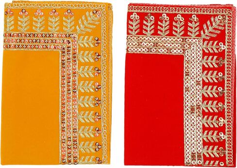 Set of 2 Decorative Mat Aasan Velvet Pooja Decorative Cloth (Size:-15 Inches X 15 Inches) for Multipurpose Indian Traditional Pooja Festival Diwali Decorations Item & Pooja Article(Red & Yellow) in Saudi Arabia