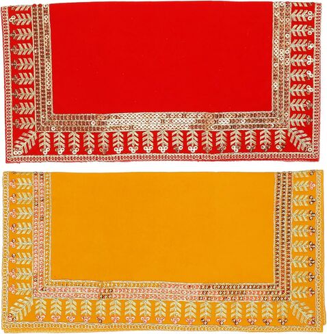 Set of 2 Decorative Mat Aasan Velvet Pooja Decorative Cloth (Size:-15 Inches X 15 Inches) for Multipurpose Indian Traditional Pooja Festival Diwali Decorations Item & Pooja Article(Red & Yellow) in Saudi Arabia