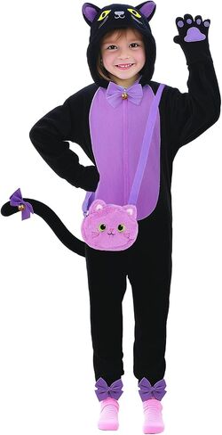 Gifts2U Halloween Cat Costume for Girls, Kids Onesie Costume with Pink Cat Ears, Cat Tail, Paws, Bow Ties and Purse Bag, Gifts for Halloween, Birthday or Any Costume Occasion（5-6Years in Kuwait