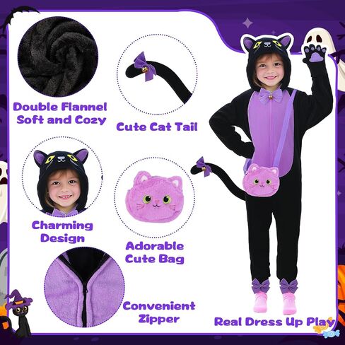 Gifts2U Halloween Cat Costume for Girls, Kids Onesie Costume with Pink Cat Ears, Cat Tail, Paws, Bow Ties and Purse Bag, Gifts for Halloween, Birthday or Any Costume Occasion（5-6Years in Kuwait