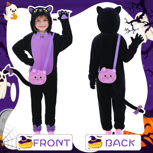 Gifts2U Halloween Cat Costume for Girls, Kids Onesie Costume with Pink Cat Ears, Cat Tail, Paws, Bow Ties and Purse Bag, Gifts for Halloween, Birthday or Any Costume Occasion（5-6Years in Kuwait