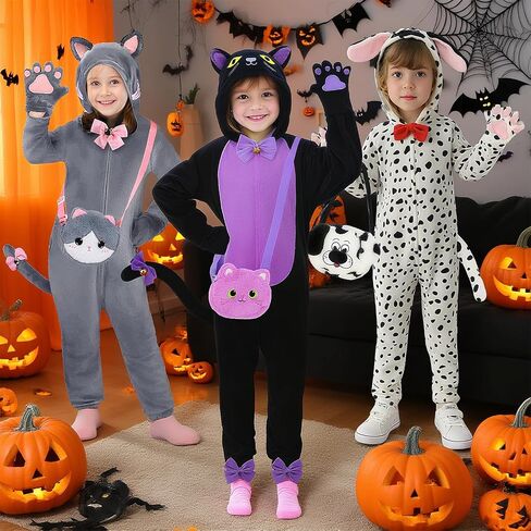 Gifts2U Halloween Cat Costume for Girls, Kids Onesie Costume with Pink Cat Ears, Cat Tail, Paws, Bow Ties and Purse Bag, Gifts for Halloween, Birthday or Any Costume Occasion（5-6Years in Kuwait