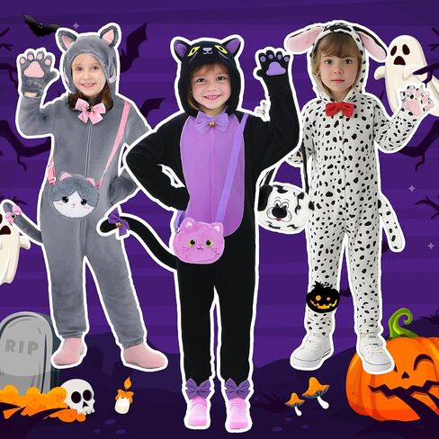 Gifts2U Halloween Cat Costume for Girls, Kids Onesie Costume with Pink Cat Ears, Cat Tail, Paws, Bow Ties and Purse Bag, Gifts for Halloween, Birthday or Any Costume Occasion（5-6Years in Kuwait