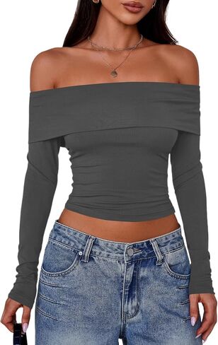 PRETTYGARDEN Off The Shoulder Tops for Women 2025 Long Sleeve Shirts Trendy Going Out Crop Top Spring Fashion Clothes in Saudi Arabia