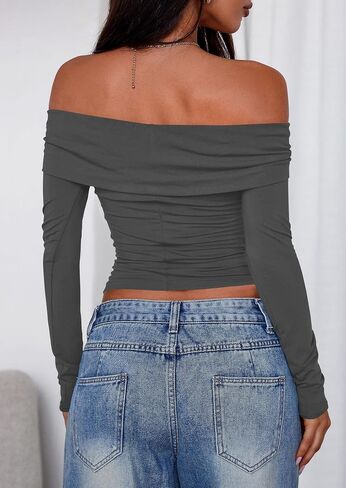 PRETTYGARDEN Off The Shoulder Tops for Women 2025 Long Sleeve Shirts Trendy Going Out Crop Top Spring Fashion Clothes in Saudi Arabia