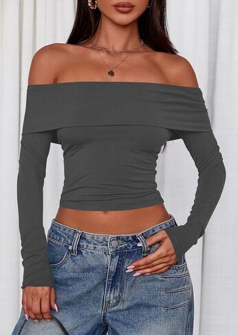 PRETTYGARDEN Off The Shoulder Tops for Women 2025 Long Sleeve Shirts Trendy Going Out Crop Top Spring Fashion Clothes in Saudi Arabia