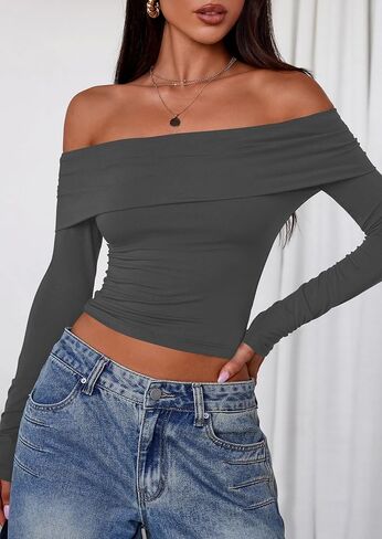 PRETTYGARDEN Off The Shoulder Tops for Women 2025 Long Sleeve Shirts Trendy Going Out Crop Top Spring Fashion Clothes in Saudi Arabia