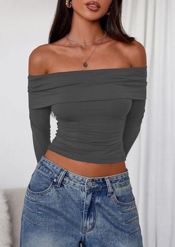 PRETTYGARDEN Off The Shoulder Tops for Women 2025 Long Sleeve Shirts Trendy Going Out Crop Top Spring Fashion Clothes in Saudi Arabia