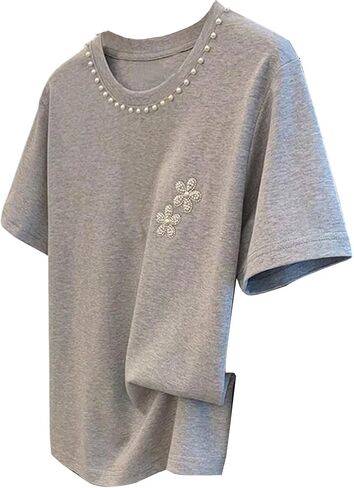 WDIRARA Women's Floral Pearl Beaded T Shirts Crew Neck Short Sleeve Tee Tops in Saudi Arabia
