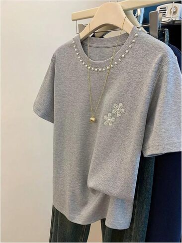 WDIRARA Women's Floral Pearl Beaded T Shirts Crew Neck Short Sleeve Tee Tops in Saudi Arabia