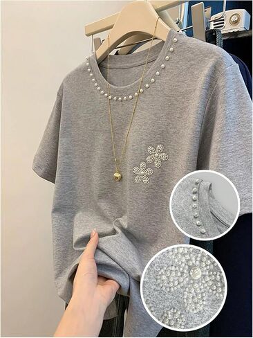 WDIRARA Women's Floral Pearl Beaded T Shirts Crew Neck Short Sleeve Tee Tops in Saudi Arabia