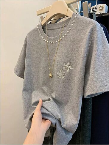 WDIRARA Women's Floral Pearl Beaded T Shirts Crew Neck Short Sleeve Tee Tops in Saudi Arabia