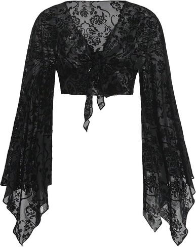 SHENHE Women's Plus Size Floral Mesh Deep V Neck Bell Sleeve Tie Front Sexy Goth Crop Top in Saudi Arabia