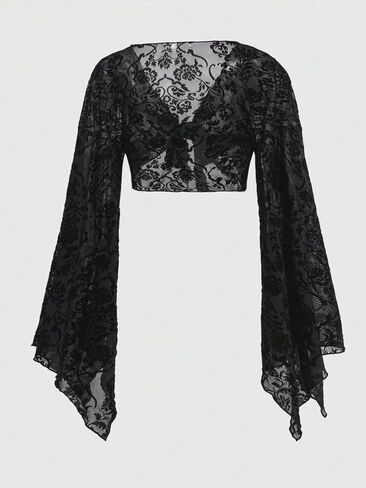 SHENHE Women's Plus Size Floral Mesh Deep V Neck Bell Sleeve Tie Front Sexy Goth Crop Top in Saudi Arabia