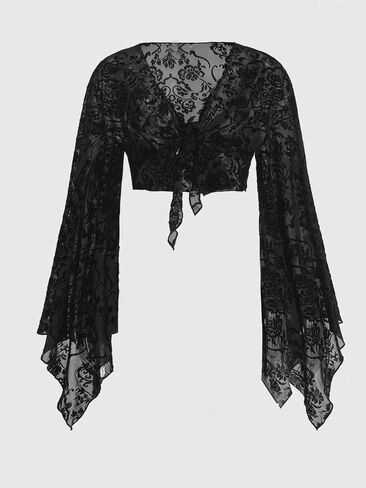 SHENHE Women's Plus Size Floral Mesh Deep V Neck Bell Sleeve Tie Front Sexy Goth Crop Top in Saudi Arabia