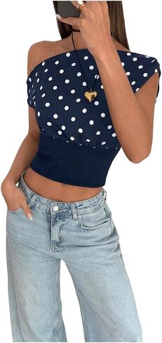 Milumia Women's Polka Dots Off Shoulder Crop Tank Tops Y2K Cap Sleeve Ruched Going Out T-Shirts in Saudi Arabia