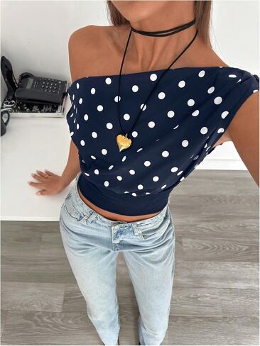 Milumia Women's Polka Dots Off Shoulder Crop Tank Tops Y2K Cap Sleeve Ruched Going Out T-Shirts in Saudi Arabia