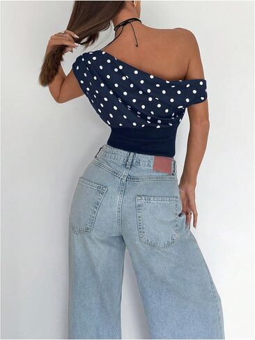 Milumia Women's Polka Dots Off Shoulder Crop Tank Tops Y2K Cap Sleeve Ruched Going Out T-Shirts in Saudi Arabia