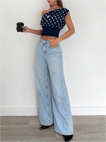 Milumia Women's Polka Dots Off Shoulder Crop Tank Tops Y2K Cap Sleeve Ruched Going Out T-Shirts in Saudi Arabia