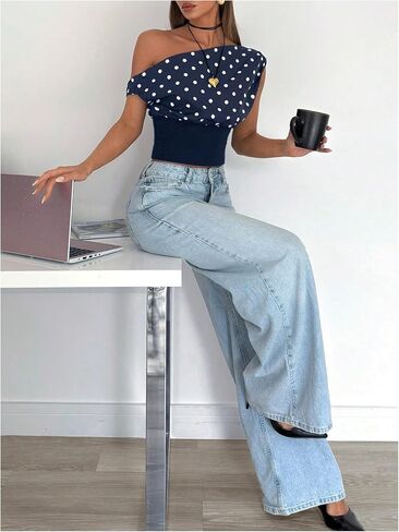 Milumia Women's Polka Dots Off Shoulder Crop Tank Tops Y2K Cap Sleeve Ruched Going Out T-Shirts in Saudi Arabia