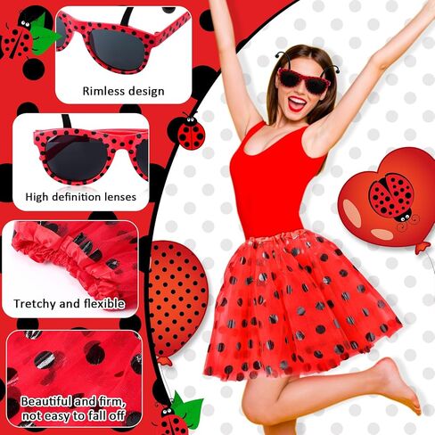 Mepase 6 Set Halloween Ladybug Costume for Women Ladybug Tutu Skirt and Sunglasses Red Polka Dot Skirt Costume Accessories Set for Cosplay Party Favor in Saudi Arabia