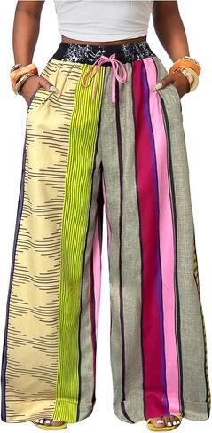 WDIRARA Women's Colorful Striped Wide Leg Pants Elastic Waist Loose Palazzo Pants in Saudi Arabia