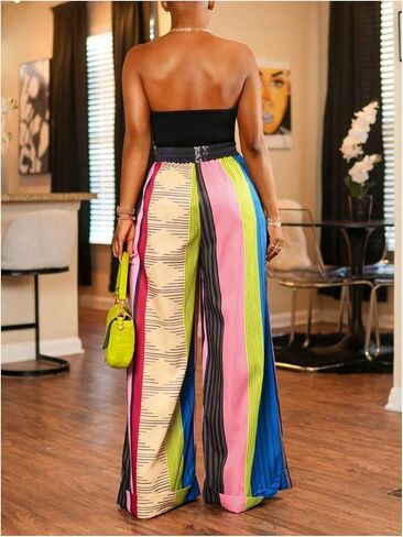 WDIRARA Women's Colorful Striped Wide Leg Pants Elastic Waist Loose Palazzo Pants in Saudi Arabia