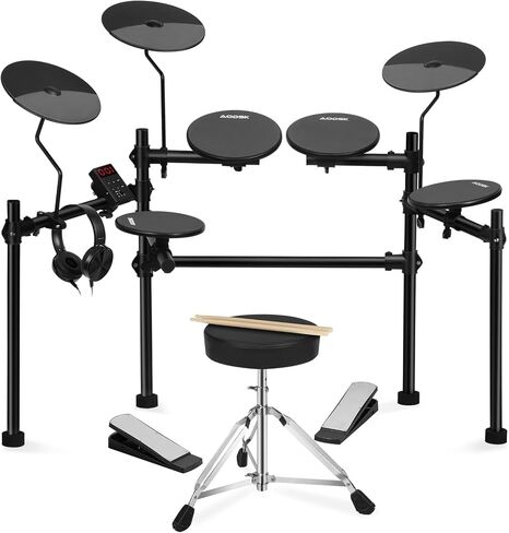 AODSK Electric Drum Set with 4 Quiet Drum Pads,Portable and Solid Drum Set for Beginner with 200 Sounds,2 Switch Pedal,Drum Throne,Drumsticks,Headphones in Kuwait