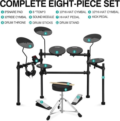 AODSK Electric Drum Set with 4 Quiet Drum Pads,Portable and Solid Drum Set for Beginner with 200 Sounds,2 Switch Pedal,Drum Throne,Drumsticks,Headphones in Kuwait