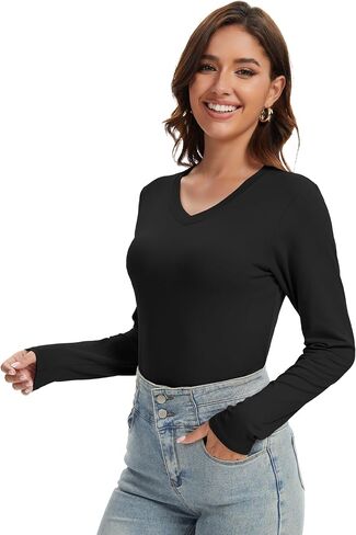 1/5 Pack Womens Basic Long Sleeve V Neck Shirts Slim Fitted Tight T Shirts Underscrubs Fall Casual Going Out Tops in Saudi Arabia