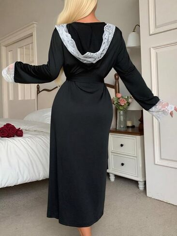 OYOANGLE Women's Maxi Hooded Robe Elegant Sexy Lace Patchwork Sleepwear Vacation Wedding Robes in Saudi Arabia