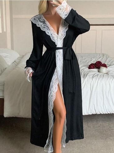 OYOANGLE Women's Maxi Hooded Robe Elegant Sexy Lace Patchwork Sleepwear Vacation Wedding Robes in Saudi Arabia