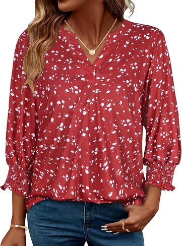 3/4 Length Sleeve Womens Tops Business Casual Blouses V Neck T Shirts with Puff Sleeve in Kuwait
