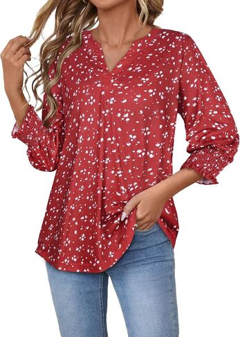 3/4 Length Sleeve Womens Tops Business Casual Blouses V Neck T Shirts with Puff Sleeve in Kuwait