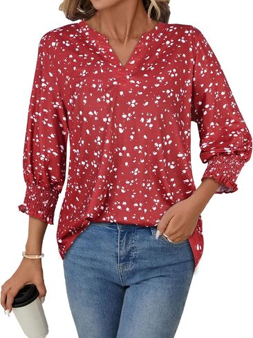 3/4 Length Sleeve Womens Tops Business Casual Blouses V Neck T Shirts with Puff Sleeve in Kuwait