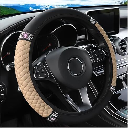 Bling Car Steering Wheel Cover, 15 Inch Crystal Rhinestone Elastic Stretch Leather Steering Wheel Protector, Vehicle Decor Accessories for Women Girls, Universal for RV, SUV, Truck (Black) in Saudi Arabia
