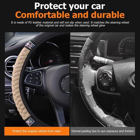 Bling Car Steering Wheel Cover, 15 Inch Crystal Rhinestone Elastic Stretch Leather Steering Wheel Protector, Vehicle Decor Accessories for Women Girls, Universal for RV, SUV, Truck (Black) in Saudi Arabia
