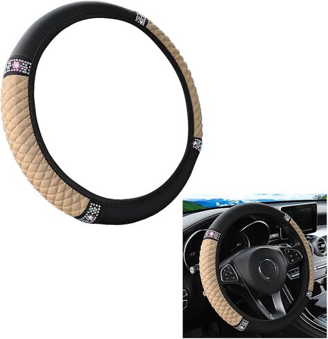 Bling Car Steering Wheel Cover, 15 Inch Crystal Rhinestone Elastic Stretch Leather Steering Wheel Protector, Vehicle Decor Accessories for Women Girls, Universal for RV, SUV, Truck (Black) in Saudi Arabia