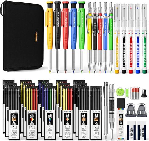 34 Pack Carpenter Pencil Set with Sharpener, Mechanical Carpenter Pencils with Deep Hole Long-Nib Marker Pens, Carbide Scribe Tool & Construction Pencils for Architect Woodworking with Case in Saudi Arabia