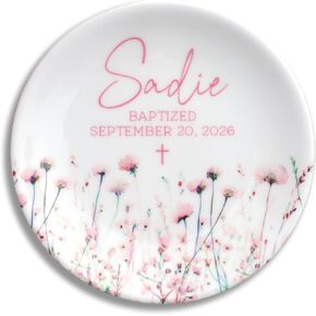 Personalized Ceramic Baptism Ring Dish, Jewelry Holder with Name, Cross and Date for Dedicatoins, Christenings and Baptisms, 4" Ring Plate,100% Original and Handmade in Saudi Arabia