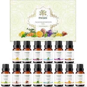 مجموعة هدايا الزيوت العطرية النقية للعلاج العطري من موجيزا، 14 زيتًا - الياسمين والليمون والريحان واليلانج يلانج وخشب الأرز والقرفة واللافندر وشجرة الشاي وأكثر من ذلك، 10 مل لكل منها. كوشير معتمد، نباتي ولم يتم الإساءة إلى الحيوانات لتصنيعه in Kuwait