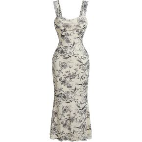 SKAYS Women's Floral Summer Pastel Wedding Guest Dress Mesh Bodycon Ruched Cocktail Midi Sundress in Saudi Arabia