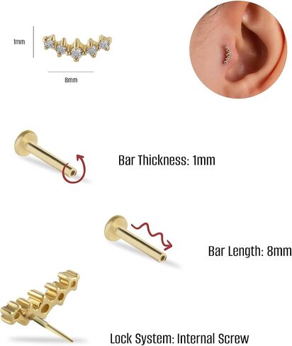Climber Labret Cartilage Piercing Earring With Zircons - 14K Solid Yellow Gold - For Helix Tragus Lobe Conch Flat & Other Body Piercing BY KORAL JEWELRY in Saudi Arabia