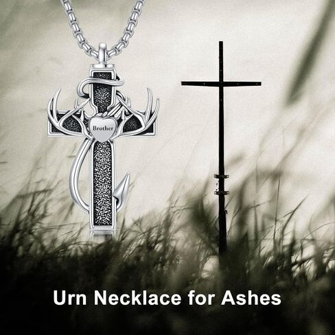 Cross Urn Necklace for Ashes Fish Hook Antler Cremation Pendant 925 Sterling Silver Nail Cross Memorial Jewelry Engraving Name Keepsake Gifts for Men Dad Husband in Kuwait