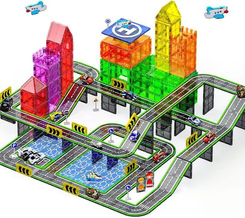 Magnetic Tiles Road Set with Pullback Car, Magnetic Tiles for Kids Ages 3-5 4-8, Magnetic Building Tiles for Toddler Kids Boys Girls, Creative STEM Building Toy & Learning Educational Magnet Toys in Saudi Arabia