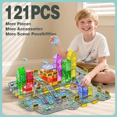 Magnetic Tiles Road Set with Pullback Car, Magnetic Tiles for Kids Ages 3-5 4-8, Magnetic Building Tiles for Toddler Kids Boys Girls, Creative STEM Building Toy & Learning Educational Magnet Toys in Saudi Arabia