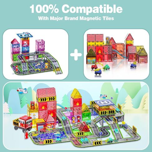 Magnetic Tiles Road Set with Pullback Car, Magnetic Tiles for Kids Ages 3-5 4-8, Magnetic Building Tiles for Toddler Kids Boys Girls, Creative STEM Building Toy & Learning Educational Magnet Toys in Saudi Arabia