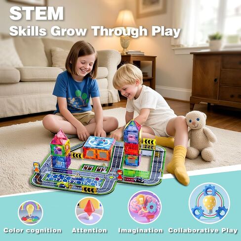 Magnetic Tiles Road Set with Pullback Car, Magnetic Tiles for Kids Ages 3-5 4-8, Magnetic Building Tiles for Toddler Kids Boys Girls, Creative STEM Building Toy & Learning Educational Magnet Toys in Saudi Arabia