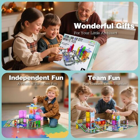 Magnetic Tiles Road Set with Pullback Car, Magnetic Tiles for Kids Ages 3-5 4-8, Magnetic Building Tiles for Toddler Kids Boys Girls, Creative STEM Building Toy & Learning Educational Magnet Toys in Saudi Arabia